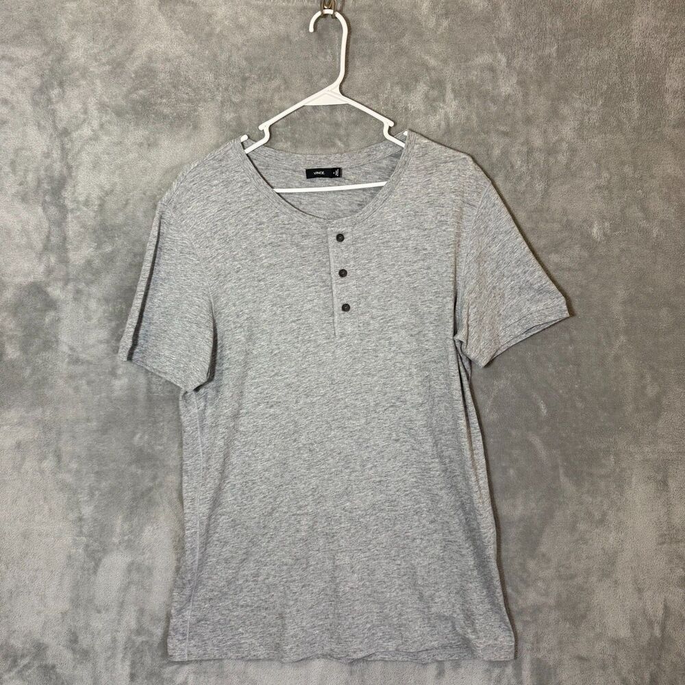 Vince Men's Medium Gray Short Sleeve Henley Neck Buttons Quiet Luxury Minimalist